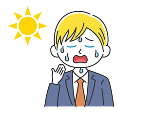 暑さで汗をかく、白人ビジネスマンのイラスト