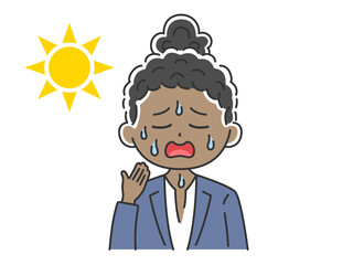暑さで汗をかく、黒人ビジネスウーマンのイラスト