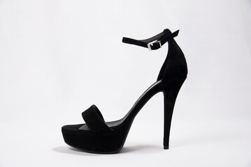Sexy women black high heels with open toe on a white background. leather, on platform