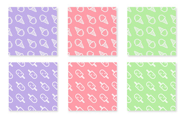 Seamless pattern pastel set featuring ice creams. Vector set with icons and patterns. Purple, pink and green. Summer ice creams.