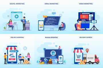 Fototapeta na wymiar Set bundle Business concept. digital marketing, email marketing, video marketing, online shopping, mobile banking, delivery express