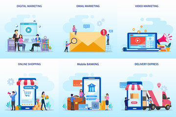 Fototapeta na wymiar Set bundle Business concept. digital marketing, email marketing, video marketing, online shopping, mobile banking, delivery express