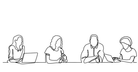 continuous line drawing of office workers at business meeting