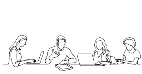 continuous line drawing of office workers at business meeting