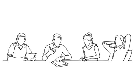 continuous line drawing of office workers at business meeting
