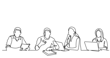 continuous line drawing of office workers at business meeting