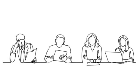 continuous line drawing of office workers at business meeting