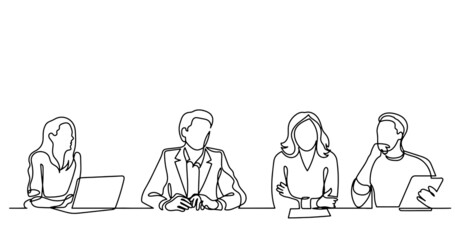 continuous line drawing of office workers at business meeting