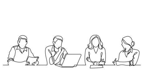 continuous line drawing of office workers at business meeting