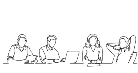 continuous line drawing of office workers at business meeting