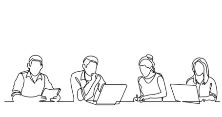continuous line drawing of office workers at business meeting