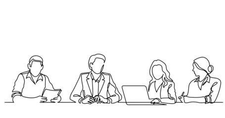 continuous line drawing of office workers at business meeting
