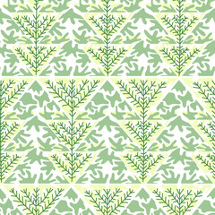 Seamless pattern with xmas tree. Mint triangles and twigs on the abstract tileable pattern. Vector illustration for textile or surface print