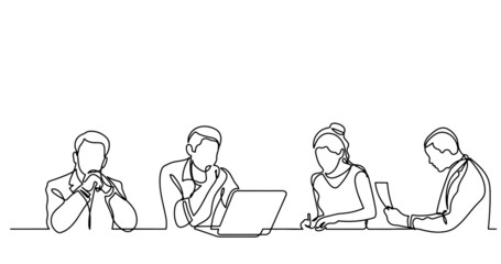 continuous line drawing of office workers at business meeting