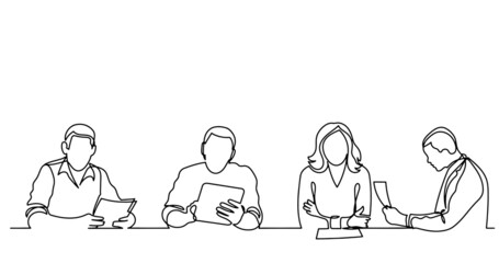 continuous line drawing of office workers at business meeting