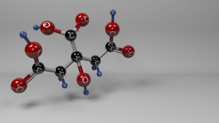 Citric acid molecule. Molecular structure of citric acid, natural compound found in lemon and other citrus fruits, pineapples, and even animal tissues. Footage available.