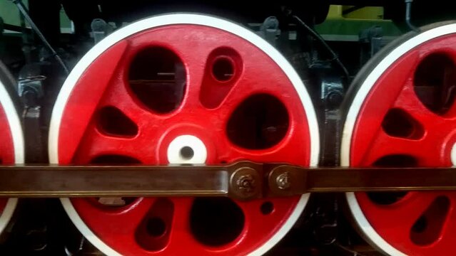 Retro train wheels close up. Vintage railway transportation detail