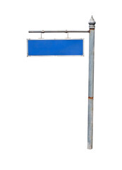 A blue square sign on a 
steel pole isolated on white background,Clipping path