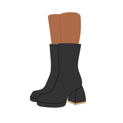 Pair of legs in boots for spring or autumn, high heels. Foot, feet. Cool design. Stylish footwear. Fashion and lifestyle. Hand drawn vector illustration in trendy colors. Flat design