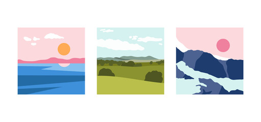 Set with minimalistic landscapes. Compositions with simple shapes and. Traveling and nature concept. Posters, social media covers etc.  Isolated vector illustrations in trendy colors.