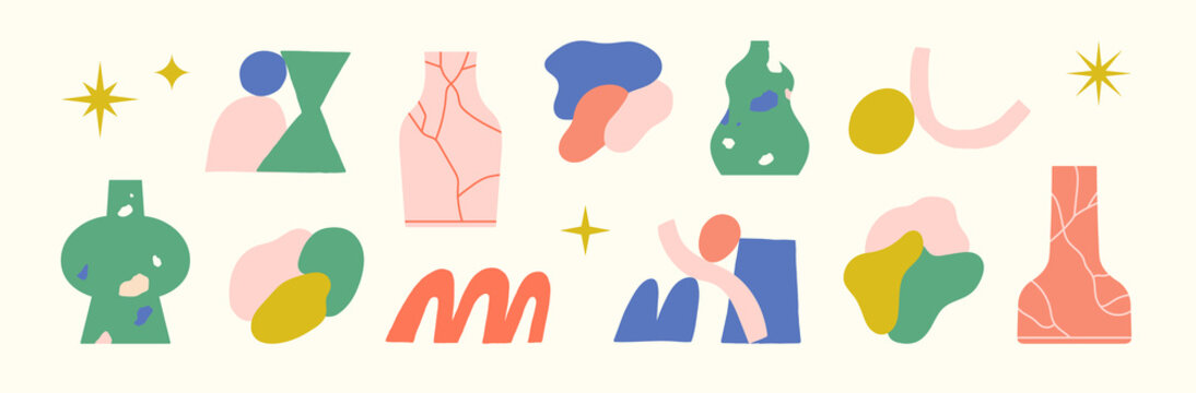 Set of stickers with ceramic objects and abstract shapes. Vases, pottery. Simple shapes, cracked texture. Home decorating, arts and crafts. Colorful vector illustration isolated on beige background. 