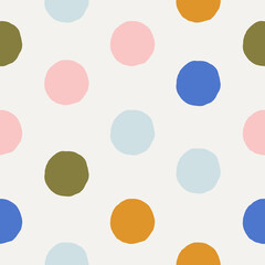 Colorful seamless pattern with hand drawn dots. Cute style.
Ideal for fabric design, notebook covers, backgrounds.
Vector illustration.