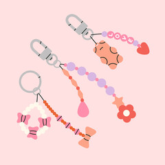 Cute poster with collection of beaded key chains. Beading, handmade, fashion concept. Jewelry for phone or keys.
Hand drawn vector illustration in trendy colors. Isolated on pink background.