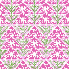 Seamless pattern with xmas tree. Pink triangles and twigs on the abstract tileable pattern. Vector illustration for textile or surface print