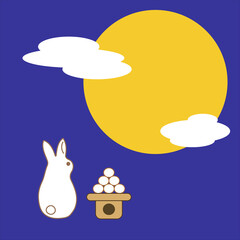 お月見のイラスト素材　うさぎ　団子　雲あり　1：1