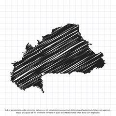 Map of Burkina Faso freehand drawing on a sheet of exercise book. Vector illustration.
