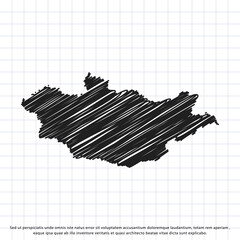 Map of Mongolia freehand drawing on a sheet of exercise book. Vector illustration.