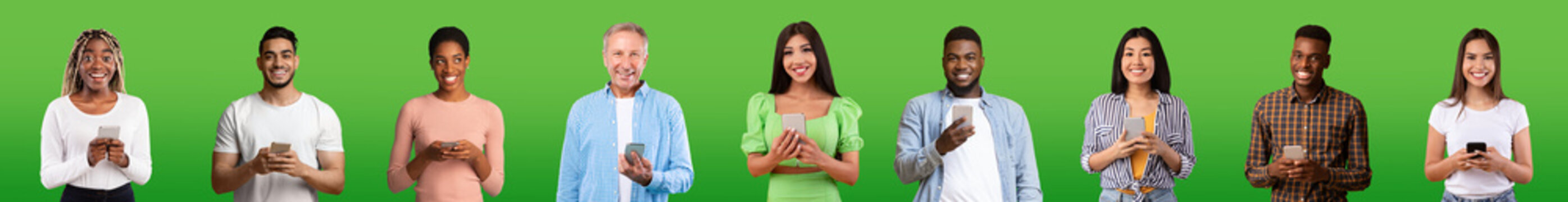 Happy young and old diverse people in casual with phones isolated on green background