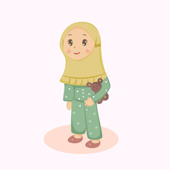 Cute little hijab girl hug teddy bear cartoon illustration
