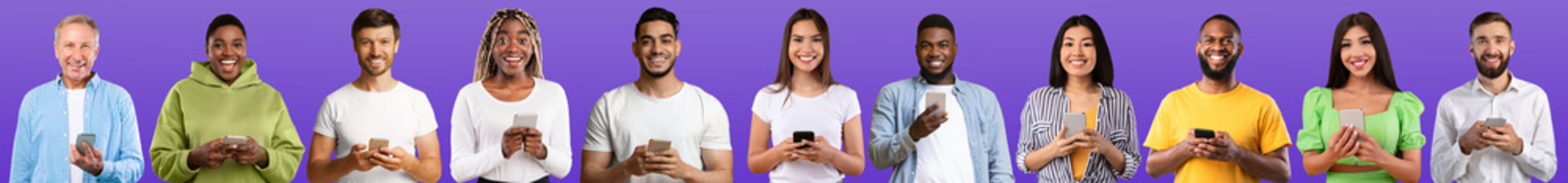 Smiling old and young diverse men and ladies chatting at smartphones isolated on purple background, studio