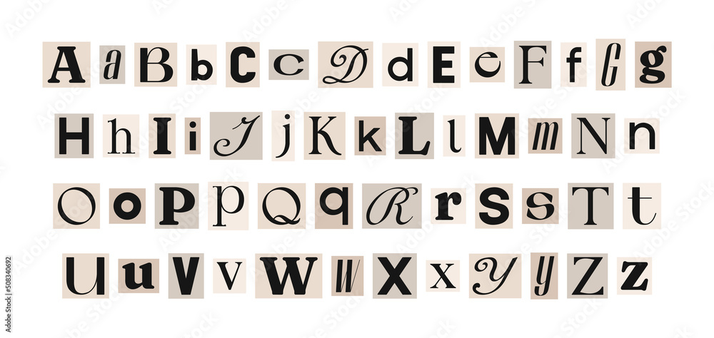 Fototapete hand drawn alphabet. letters on pieces of paper in different colors. set of capital and lowercase le