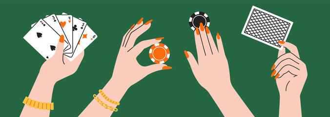 Poster with woman's hand holding.
Gambling, betting, casino and poker concept. Cool design.
Hand drawn vector illustration in trendy colors. Colorful flat design.
