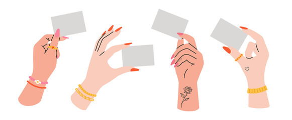 Set with women's hands holding a business card. Template with blank sheet of paper for your information.
Cool colorful design. Hands with tattoos and jewelry.
Hand drawn vector illustration