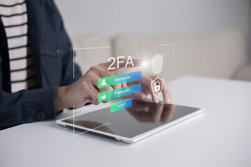 Businessman using tablet and touching virtual screen to fingerprint scan for two-factor authentication for safety use of social networks and access to information privacy