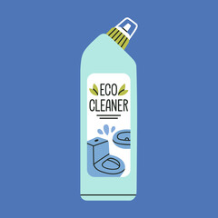 Plastic bottle with eco cleaner for toilet. House cleaning, hygiene in toilet and bathroom.
Household goods for housework routine.
Colorful vector illustration isolated on blue background.