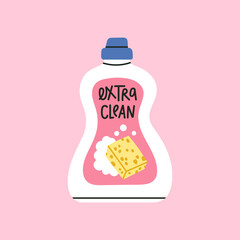 Plastic bottle with dish soap. Dishwashing liquid. House cleaning, hygiene in the kitchen. 
Household goods for housework routine.
Colorful vector illustration isolated on pink background.