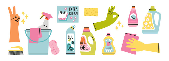 Set with household chemicals, cleaners, rubber gloves, sponges, bucket etc. For dishwashing, house cleaning and laundry.
Hand drawn vector illustration isolated on white background.
