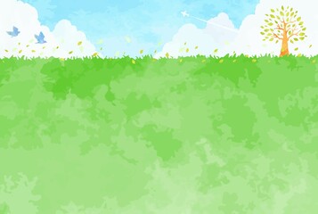 草原と木と空の風景イラスト