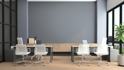 Modern office room with desk and computer, gray slat wall and built-in wooden cabinet. 3d rendering