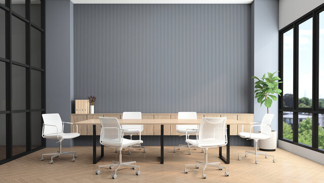 Modern meeting room with conference table and chairs, gray slat wall and built-in wooden cabinet. 3d rendering
