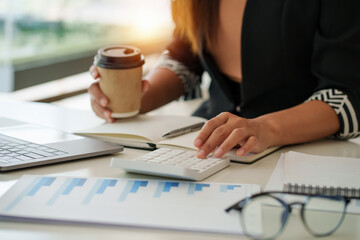 Portrait of Asian Business woman consult advice to customer about finance plan. Account concept.