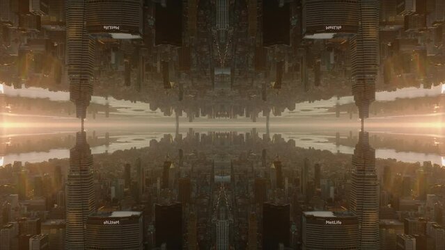 Forwards fly above metropolis in sunset time, urban borough surrounded by water. Abstract computer effect digital composed footage.
