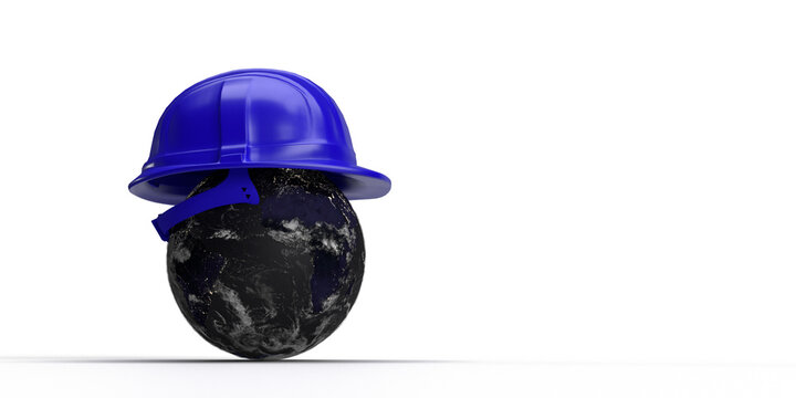 Earth planet world global wear blue hardhat helmet symbol labor day celebrate united sate of america usa memorial government politic president business construction architect industry.3d render 