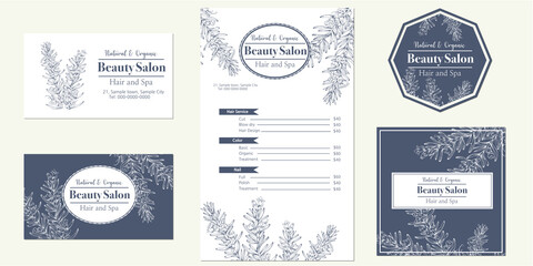 set of beauty salon template designs with hand drawn illustration of rosemary
