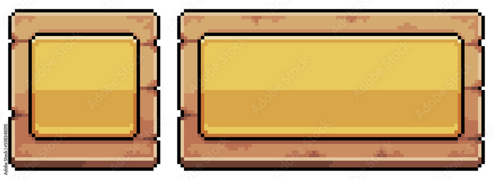Poster pixel art wooden buttons for game and app interface vector icon for 8bit game on white background