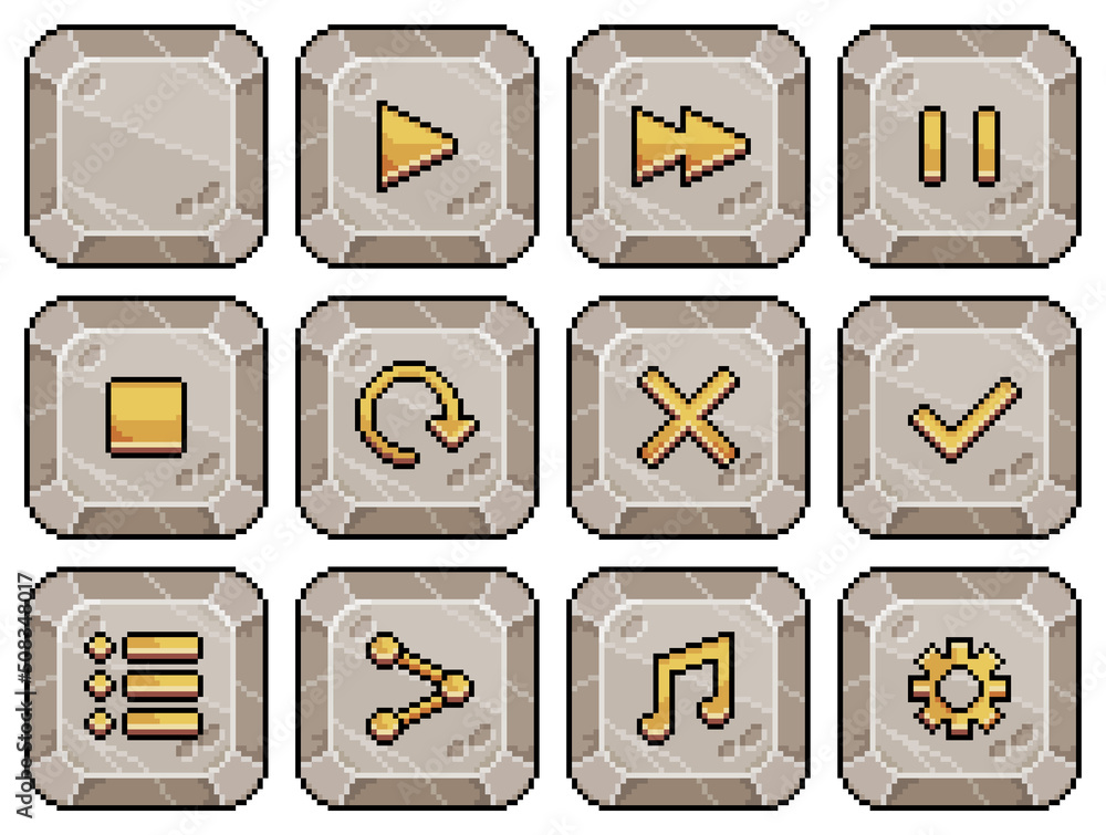 Poster pixel art stone buttons for game and app interface vector icon for 8bit game on white background